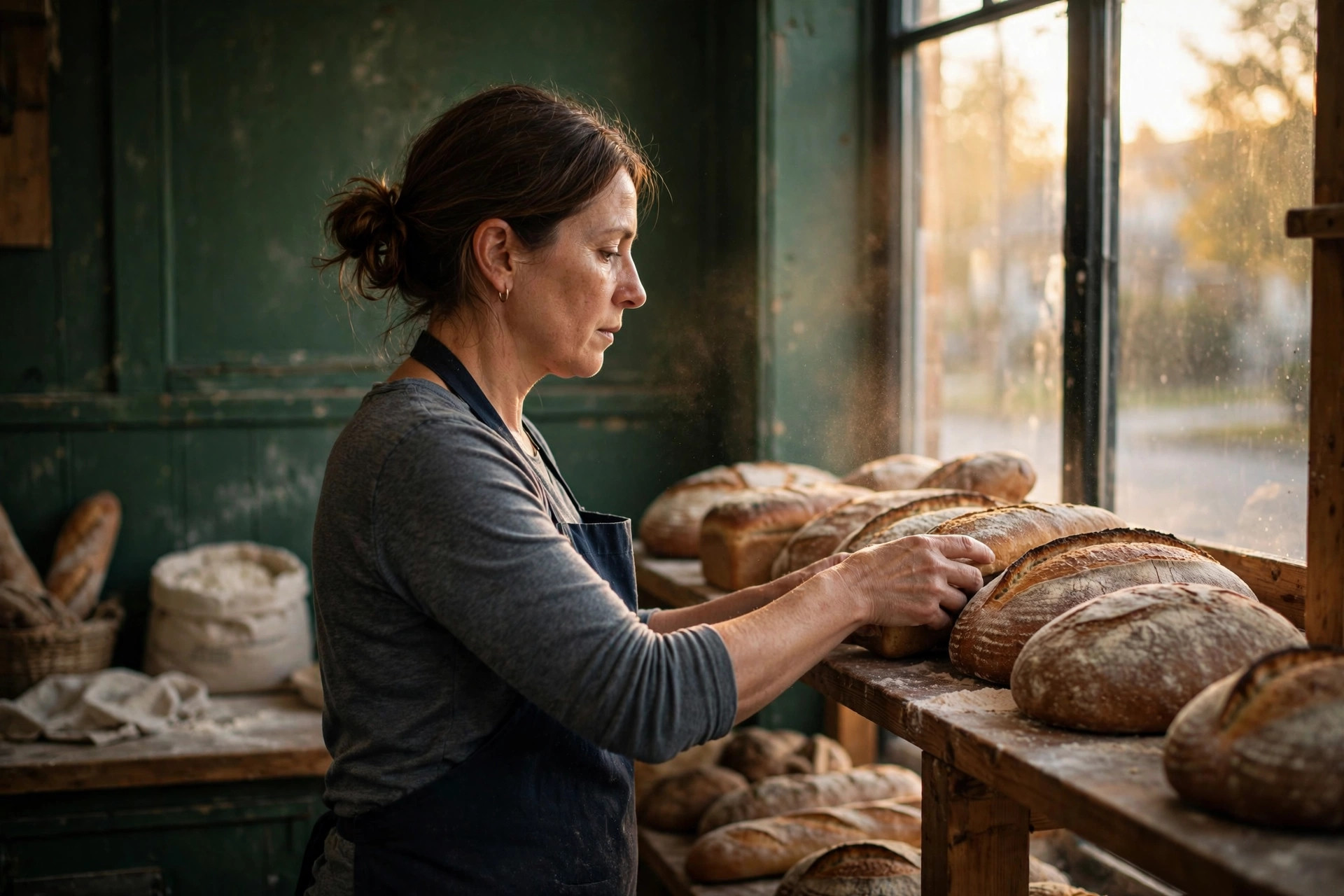 A bakery owner arranging fresh loaves on a wooden shelf in morning light