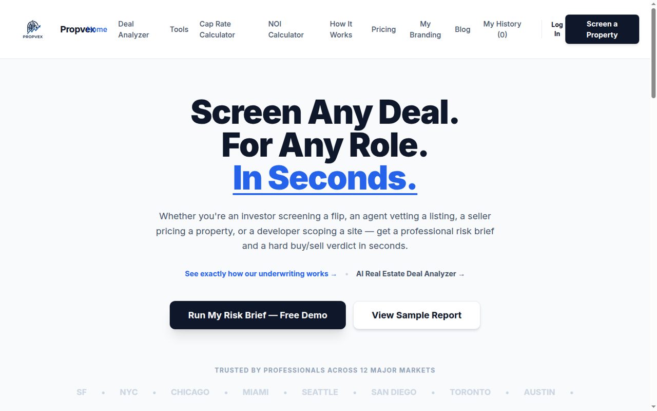 PropVex home page with its deal-screening headline