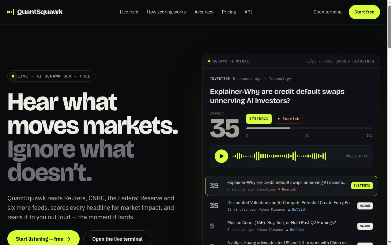 QuantSquawk home page with its live scored-headlines terminal